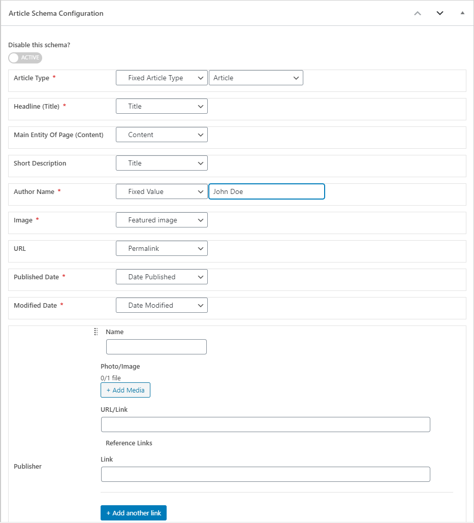 schema dialogue on single post edit page